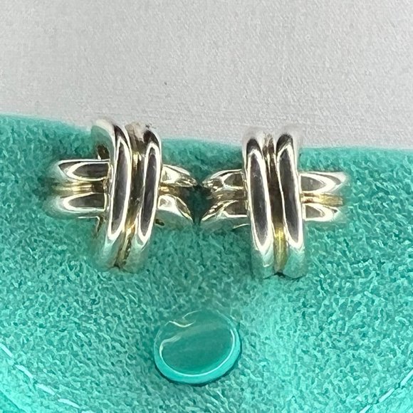 Tiffany &Co Solid Silver Signature Cross Kiss Earrings Comfy Omega Backs… - Picture 1 of 9